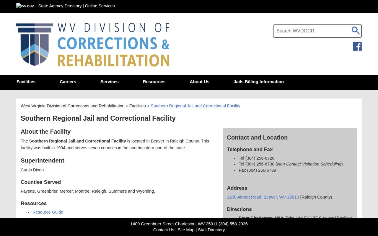 Official WVDCR page for Southern Regional Jail and Correctional Facility