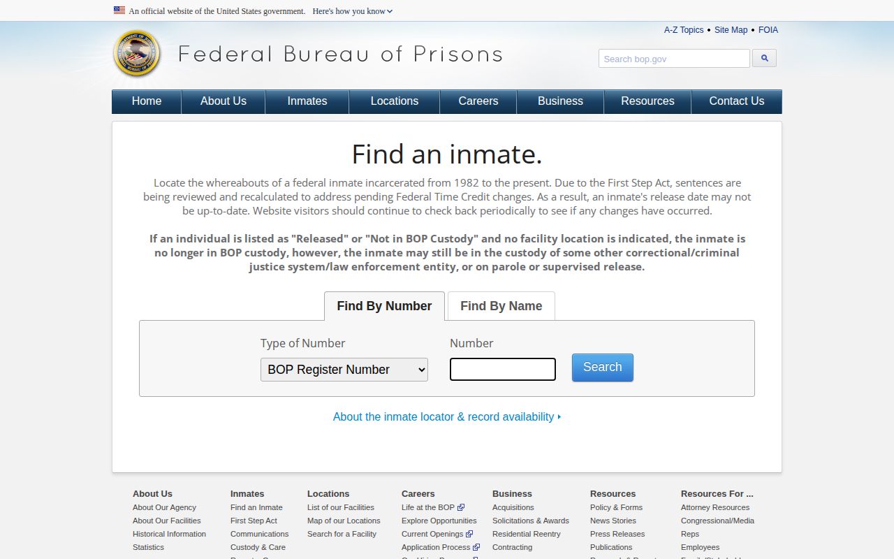 Official Federal Bureau of Prisons Inmate Locator search screen